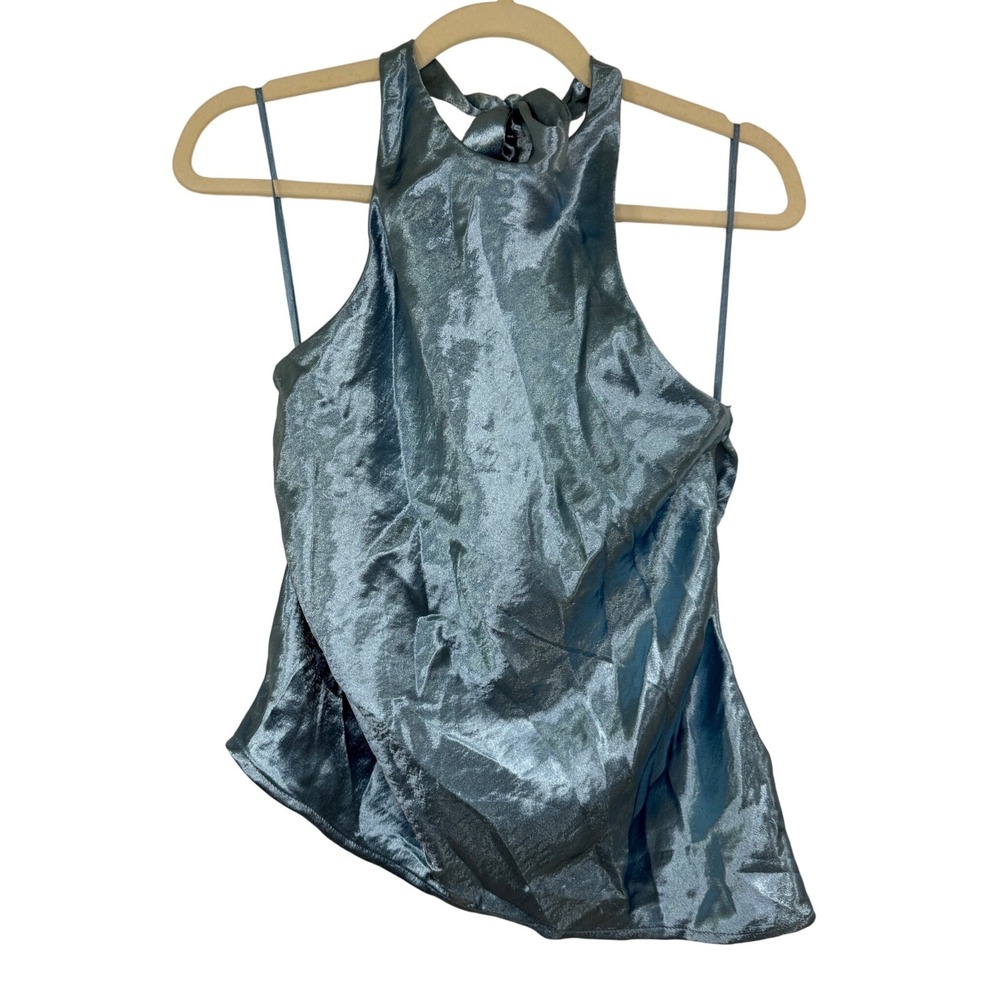 Silence + Noise Solis Satin Asymmetrical Halter Top Size M Blue Metallic